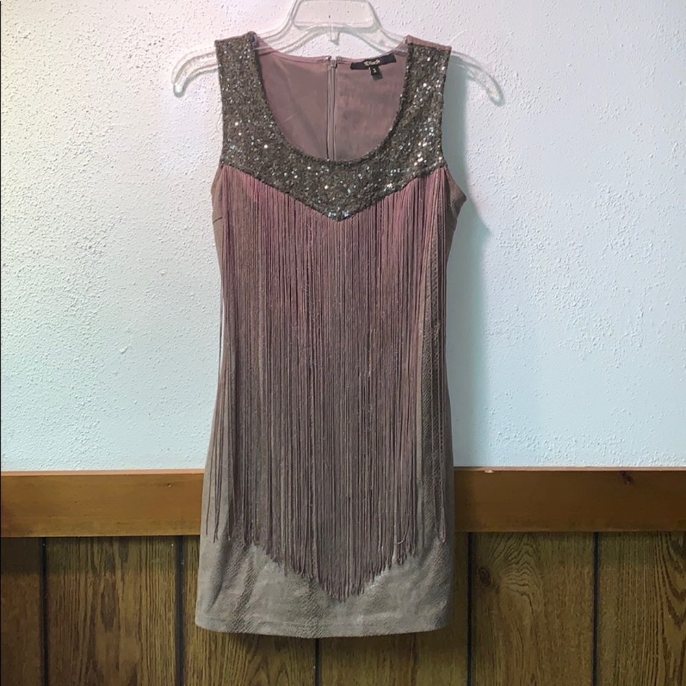 Sz Small Taupe Snakeskin Sequin Fringe MiniDress